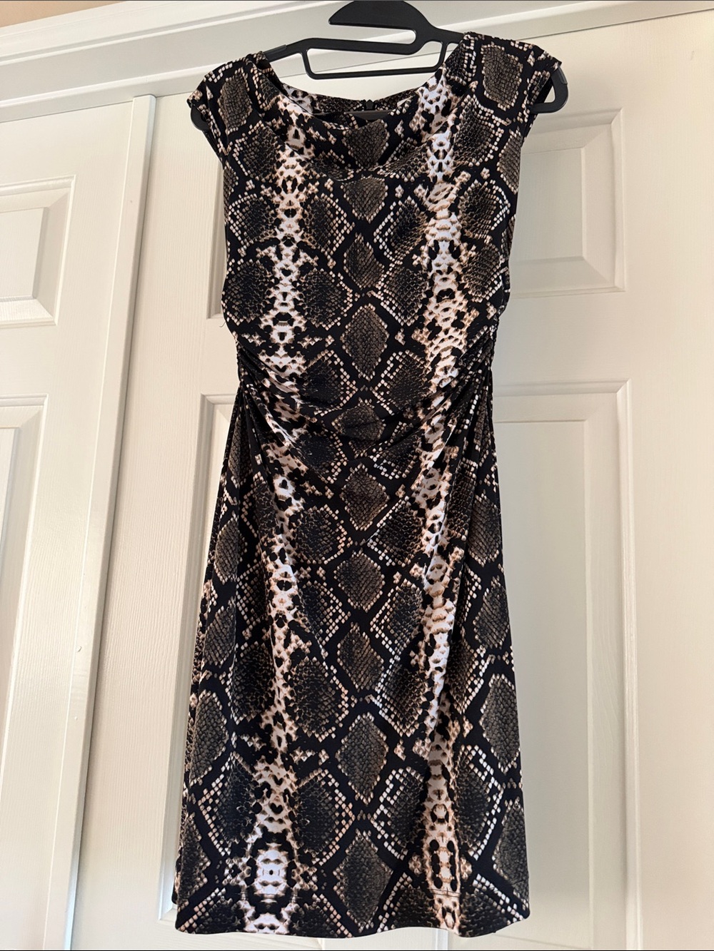 Calvin Klein Sleeveless Midi Dress in Black and Cream Snake Print